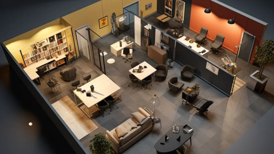 desain-interior-kantor Inspirasi desain interior kantor modern konsep terbuka dengan tata letak furnitur minimalis.