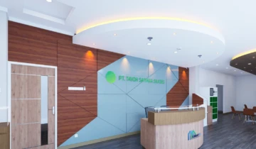Desain interior area depan terpadu PT Tayoh Sarana Sukses Bekasi menyatukan meja receptionist backdrop HPL kayu ruang tamu