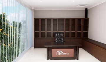 Desain interior ruang kerja manager eksekutif minimalis dengan meja kerja kustom kabinet dinding file besar bermotif urat kayu
